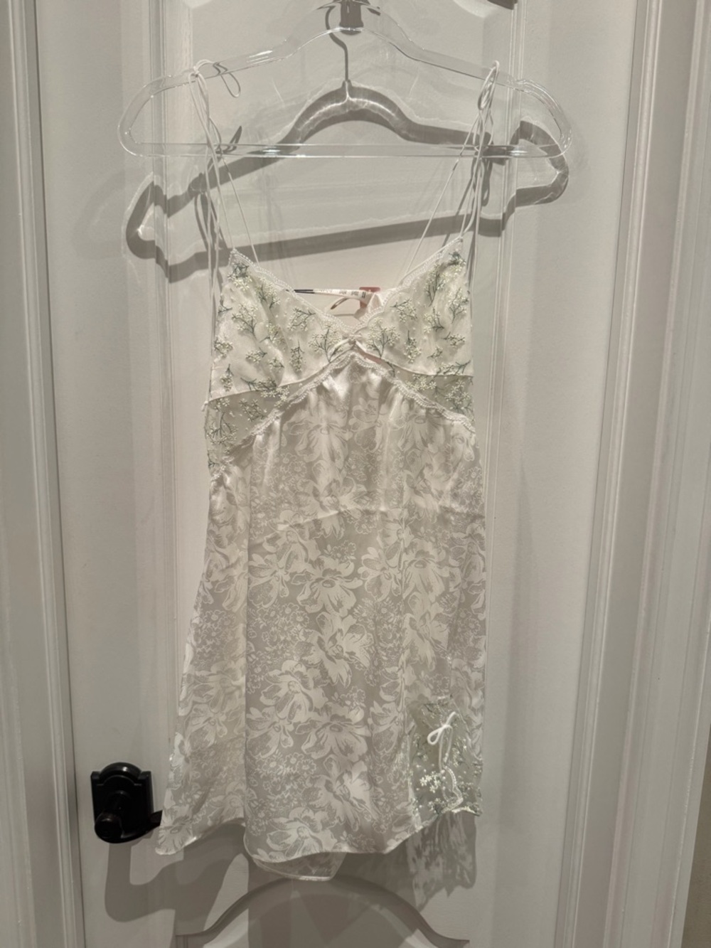 For Love & Lemons White Floral Lace Slip Chemise with Green Embroidery
